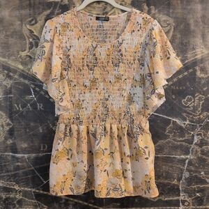 CURE Top Womens Large Orange Yellow Floral Pullover Flutter Sleeve